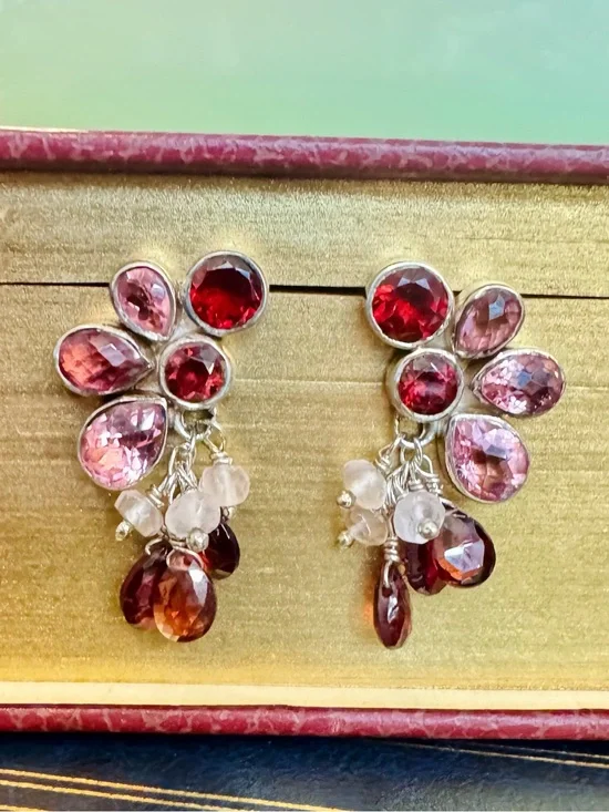 Vtg SAJEN Sterling Silver Pink Tourmaline Garnet Cluster Drop Earrings