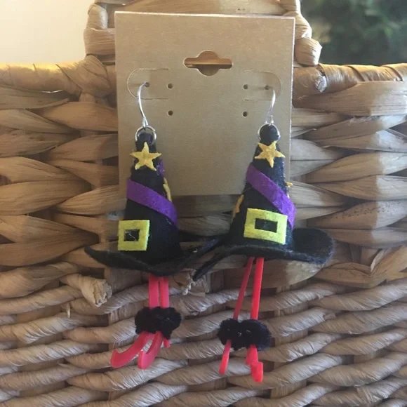 Halloween witch hat with legs fish hook earrings