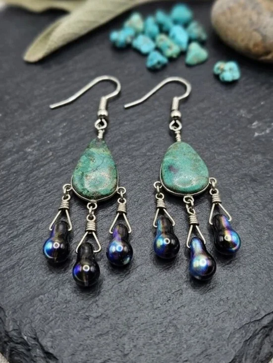 Vintage Turquoise Teardrop Dangle Earrings with Iridescent Black Beads