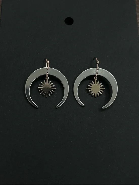 Celestial Sun & Crescent Hoop Drop Earrings Gold Tone Boho Minimalist Dangle