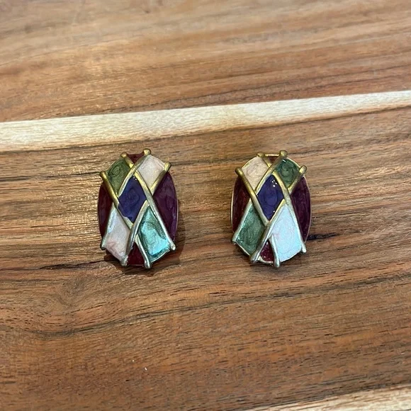 Chico's Multicolor Diamond Patterned Gold Clip On Earrings