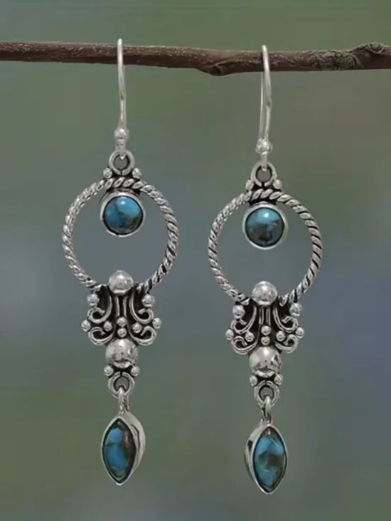 Boho Retro Style Silvertone Drop Earrings with Turquoise Inlaid Stones