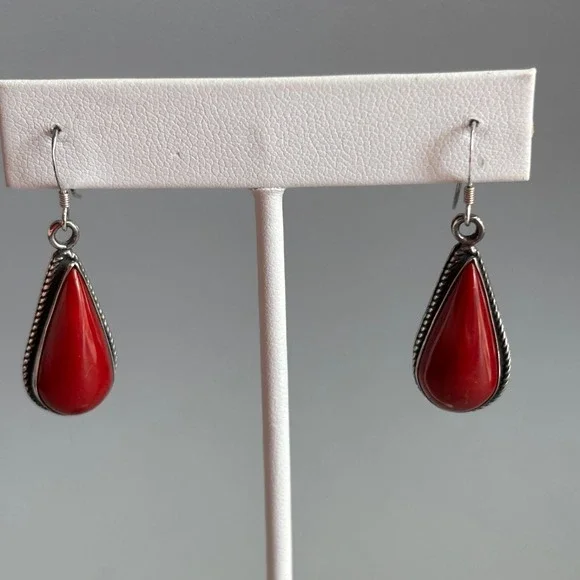 925 Sterling Silver Red Stone Teardrop Drop Earrings Southwest Twisted Rope 1.5