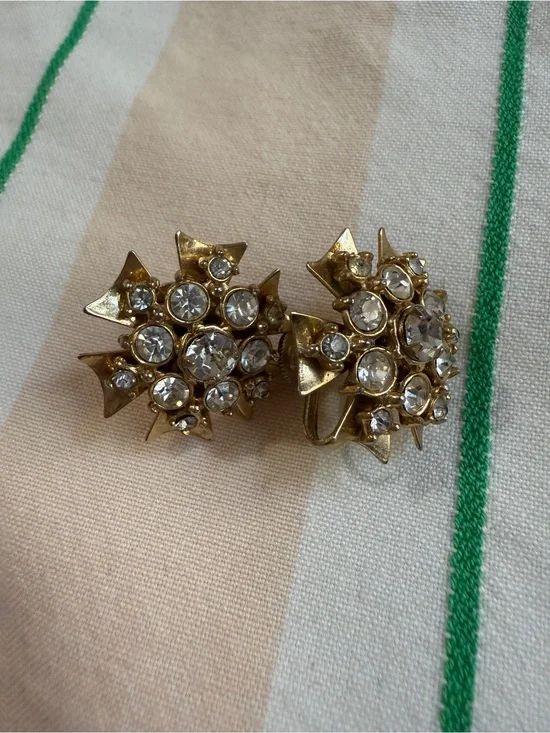 1950s Goldtone Maltese Cross Rhinestone Screwback Earrings