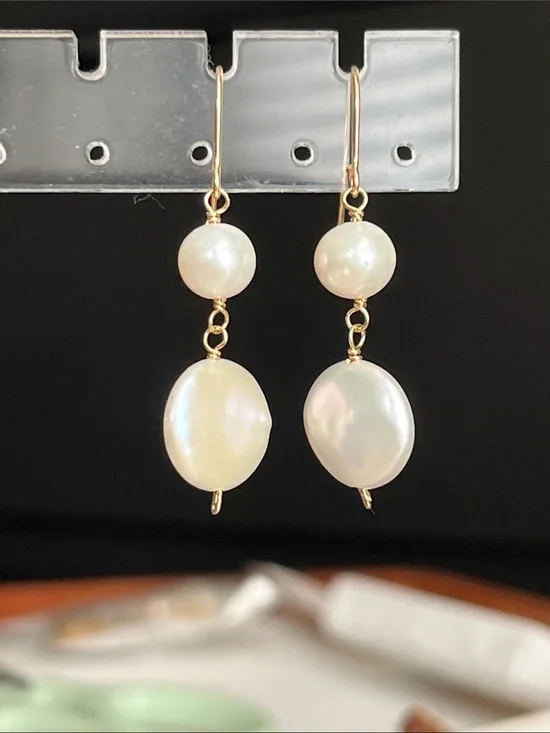 Gold Pearl Drop Earrings - White Freshwater Pearl Dangles
