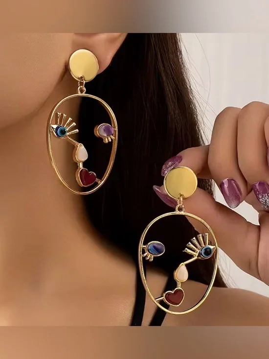 Gold Face Outline Drop Earrings with‎ Multicolor Gem Accents