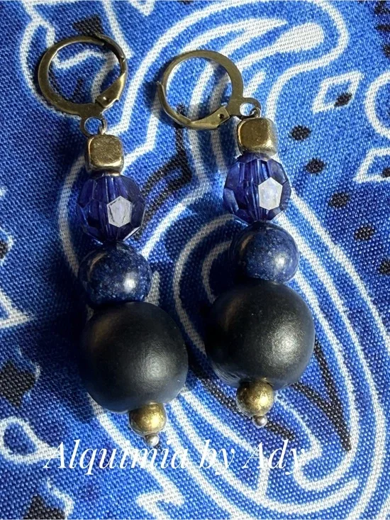 Chunky lapis lazuli & Black Beaded Dangle Earrings with Gold Accents