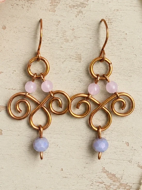 Hand Crafted Copper Swirl Earrings with Lavender and Pink Beads
