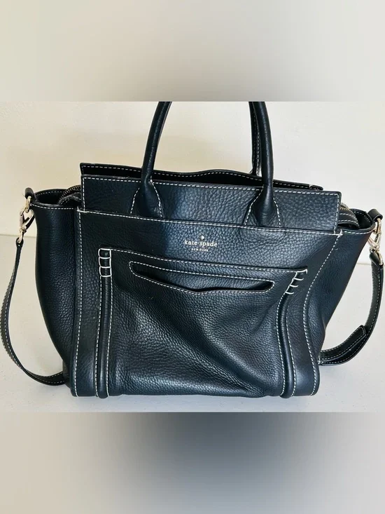 kate spade Black Pebbled Leather Shoulder Bag with White Stitching