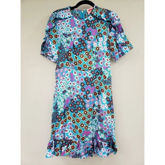NEVER WORN Kate Spade Pacific Petals Floral Dress SZ 0 Jacquard Silk Blue Ruffle