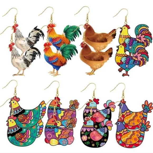 8 Pairs Gold Colorful Rooster and Hen Earrings Set