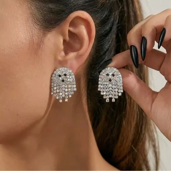 Crystal Fringe Ghost Halloween Theme Earrings - Silver
