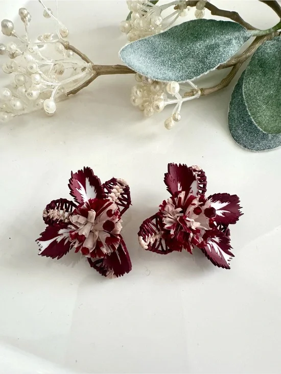 Oscar de la Renta Tropical Flower Earrings Burgundy Red Clip On