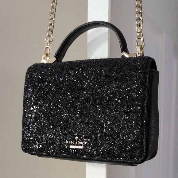 kate spade Black Glitter Crossbody Bag with Gold Chain