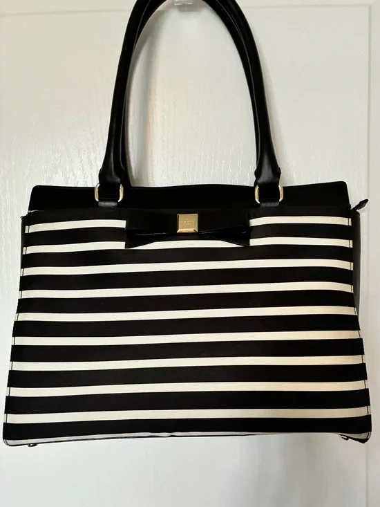 Kate Spade Montford Park Black & White Stripe Bag with Bow Accent