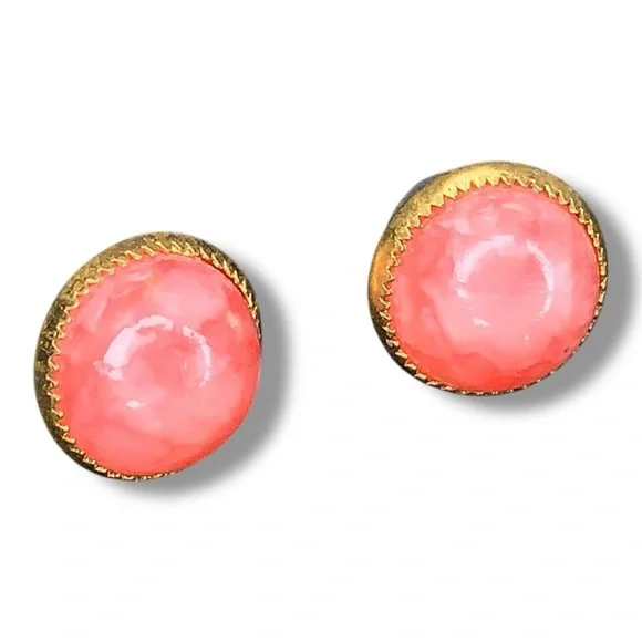 Vintage Gold Coral Cabochon Style Lucite Earrings Boho Retro Bohemian