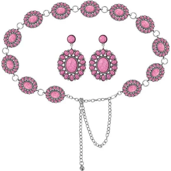 Turquoise Concho Chain Belt Silver Western Waist Jewelry for Women