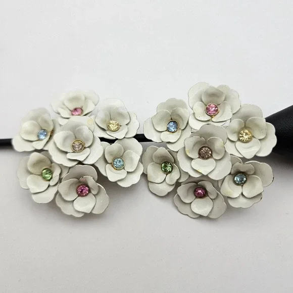 Vintage White Enamel Flower Cluster Clip On Earrings Multi Color Rhinestone 60s