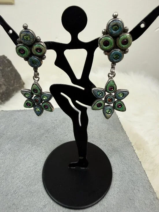 Sterling Silver & Colorful Rhinestone Enamel Drop & Dangle Pierced Earrings
