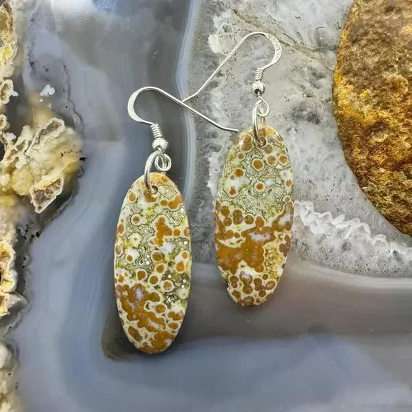 Sterling Silver Elongated Oval River Jasper Slab Dangle Earrings For Women #352