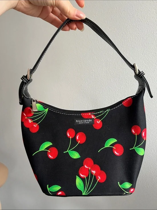 Vintage Kate Spade Cherry Print Mini Shoulder Hand Bag Black Red