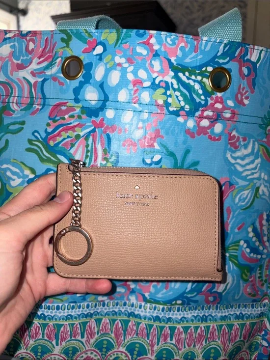 kate spade tan leather card case with gold keyring