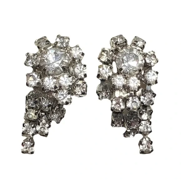 Vintage Clip On Rhinestone Dangling Tassel Earrings J15-4