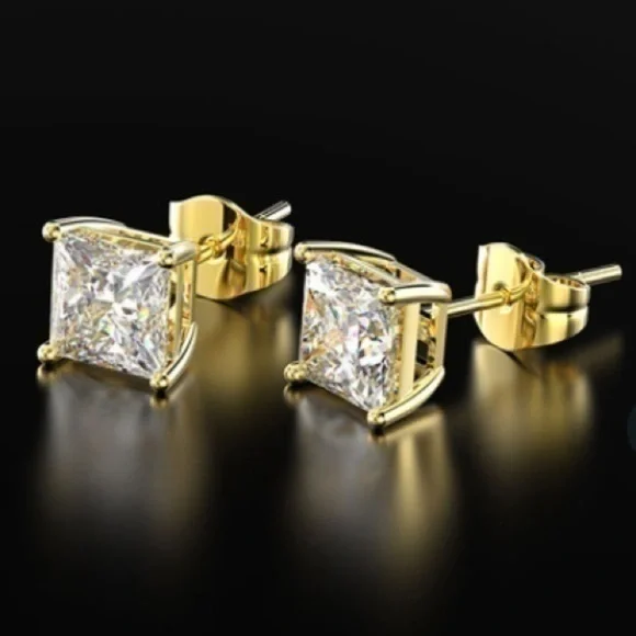 Renaissance 18k Yellow Gold Princess Cut CZ Stud Earrings Over Sterling Silver