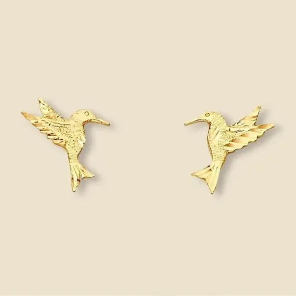 14k Yellow solid Gold Hummingbird Stud Earrings (11 X 12mm) | Gift | Real Gold |
