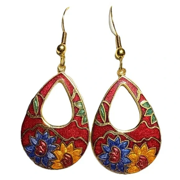 Vintage Cloisonne Floral Teardrop Shaped Pierced Earrings J15-1