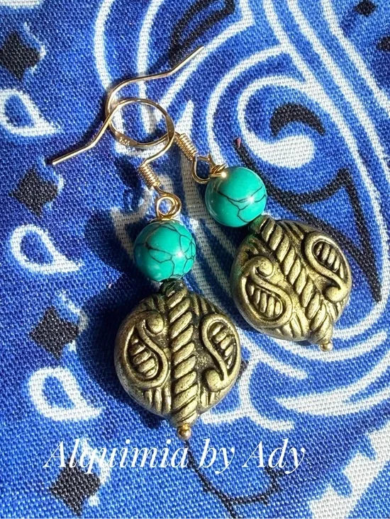 Green Turquoise and old Gold beaded Earrings
