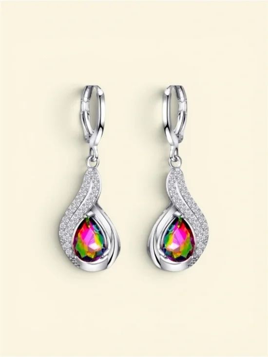 Mystic Rainbow Crystal Teardrop Dangle Earrings Silver Tone