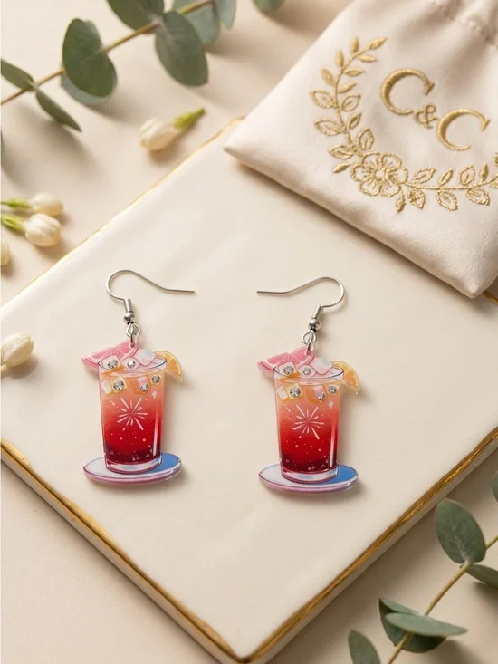 Pink Cocktail Drink Acrylic Dangle Earrings Summer Tropical Vacation NWOT