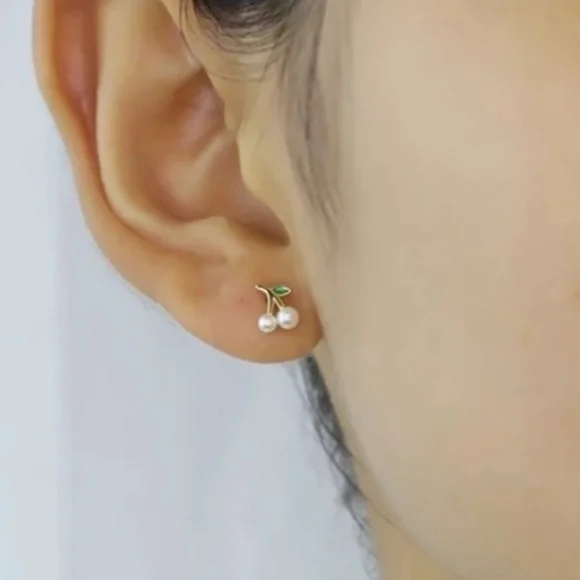 NEW Women's‎ Earrings Gold Plated S925 Dainty Cherries Studs Size 0.7 x 0.3 cm