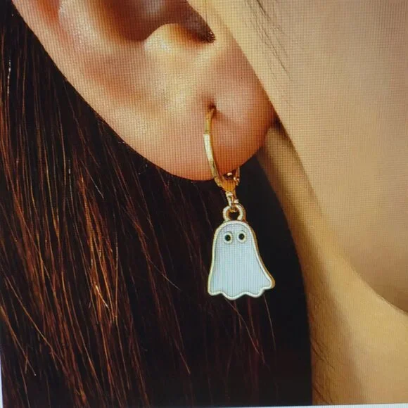 Halloween Ghost Earrings Dangling Huggie White Gold Tone 1.18