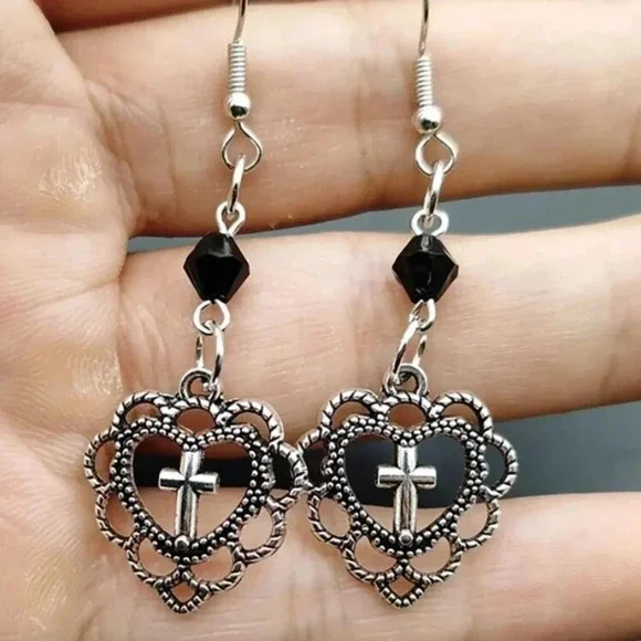 1 pair ladies black dark silver dangle drop goth punk cross pendant earrings