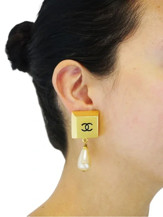 Chanel Vintage Rare Logo Square Block & Pearl Drop Earrings
