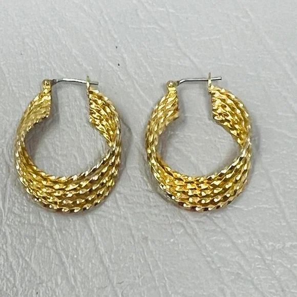 Gold Tone Twisted Multi‎ Strand Hoop Earrings Textured Basketweave Style