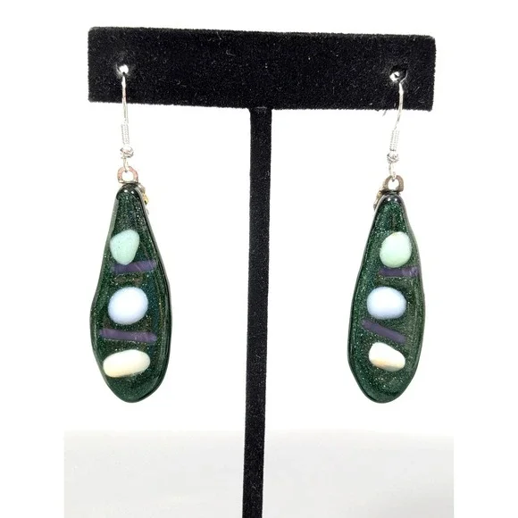 Handmade Fused Glass Green‎ Blue Teardrop Dangle Earrings Artisan