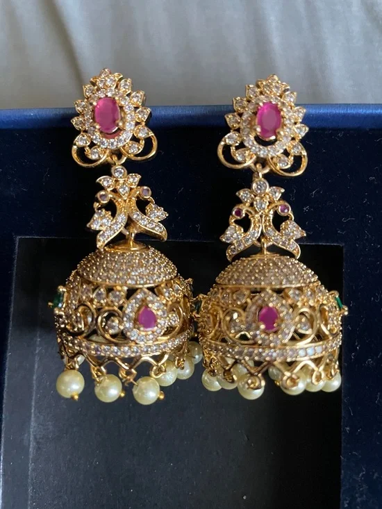 Gold-Tone Pink Stone Jhumka Earrings with Pearl Drops