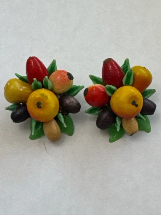 Vintage 1940's Multi-Color Beaded Clip-on Earrings with Fruit and Leaf Motif