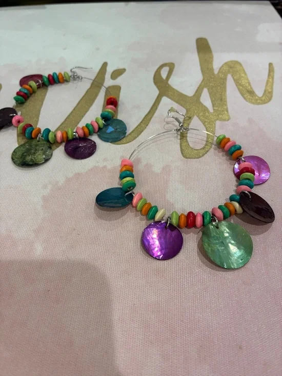 Colorful Shell Disc Hoop Earrings - Multi-color