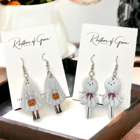 Brand New SET OF TWO Retro Ghost Earrings - Halloween Jewelry, Handmade
