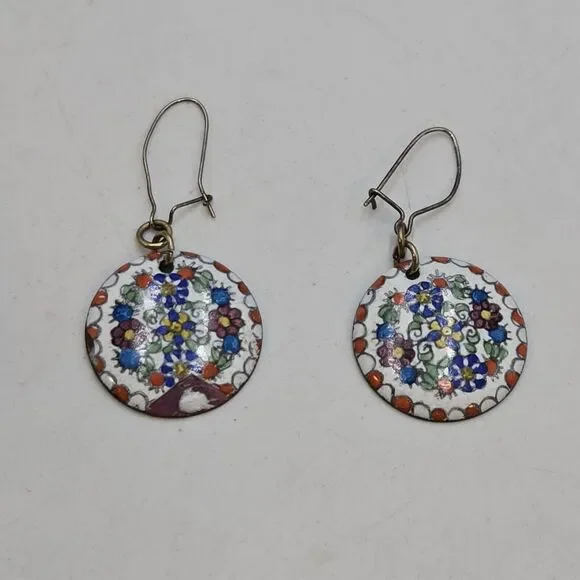 Vintage Austrian Earings Enameled On Copper Flowers Dangle Folk Art