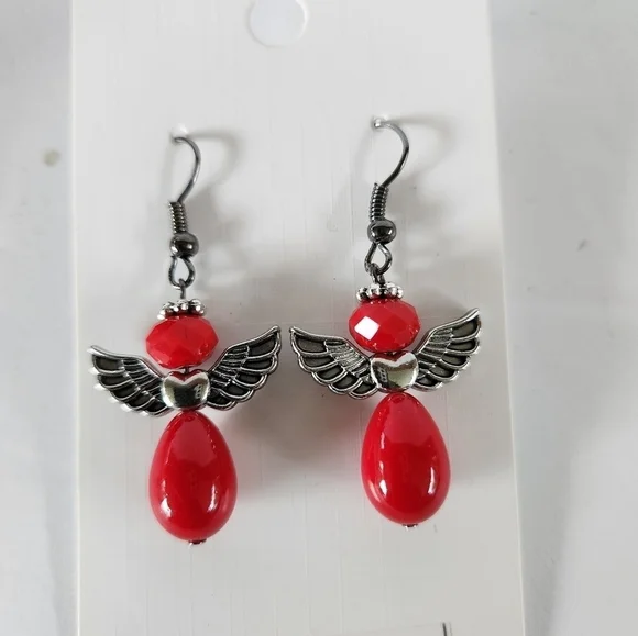 Hand Crafted Angel Earrings Red Silver Pierced Ears