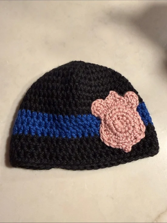 Police Handmade Black Kids Beanie with Blue Stripe and Pink Badge
