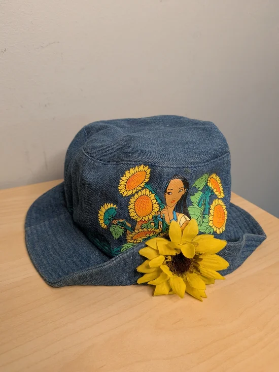 Disney Bucket Hat Kids One Size Blue Denim Pocahontas Movie Rare 90s Y2K Flower