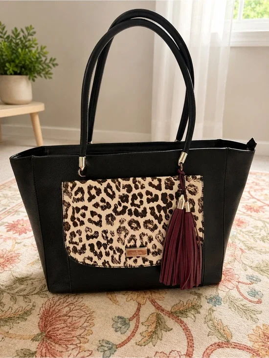 kate spade Black Tote with Leopard Pocket and Burgundy Tassel