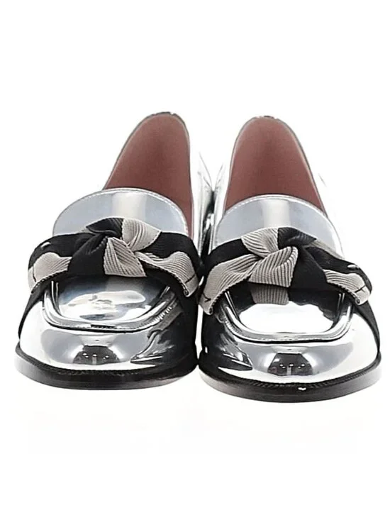 kate spade Silver Leandra Chrome w/Black & Gray Bow Loafers Size 9M