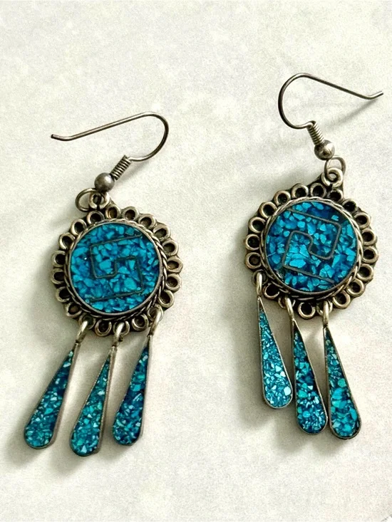 Vintage Native American Crushed Chip Turquoise Inlay Chandelier Silver Earrings
